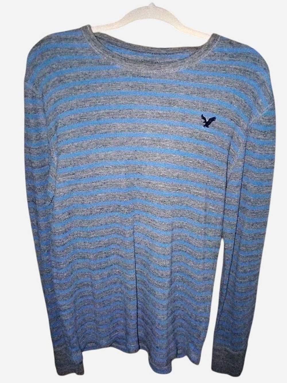 American Eagle Outfitters Blue and Gray Striped Crewneck Sweater